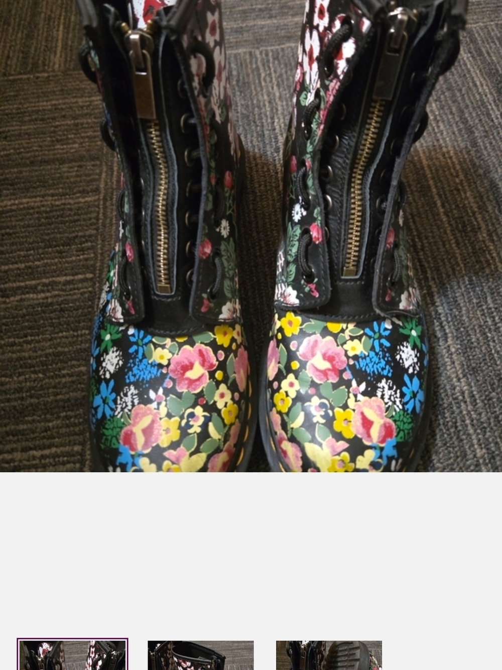 Dr. Martens Black Floral Lace-Up Combat Boots with Front Zips